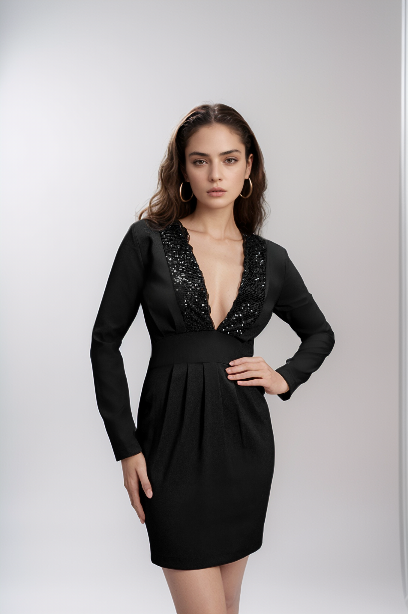 Vestido Celine Alfaiataria Premium Decote em V com Faixa em Paetê